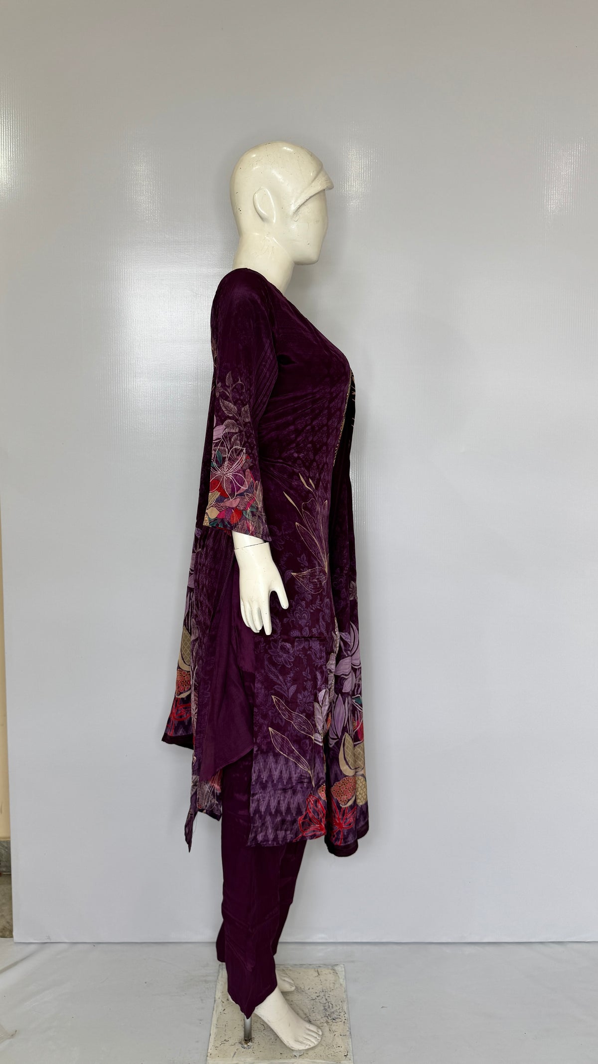 Royal Dark Purple Velvet Touch Suit Set with Heavy Neck Embroidery & Floral Daman