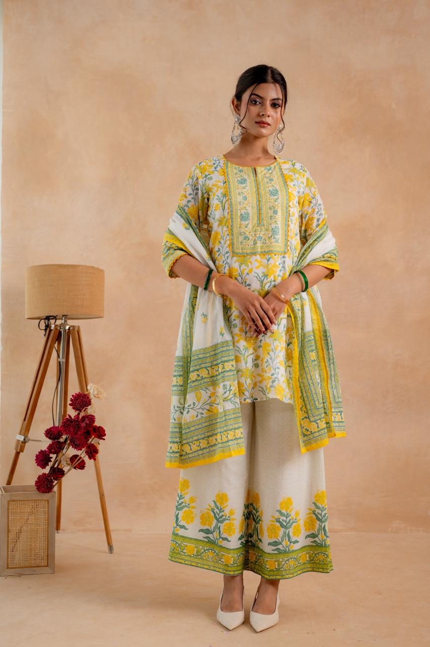 Yellow Floral Print Cotton Suit Set with Palazzo
