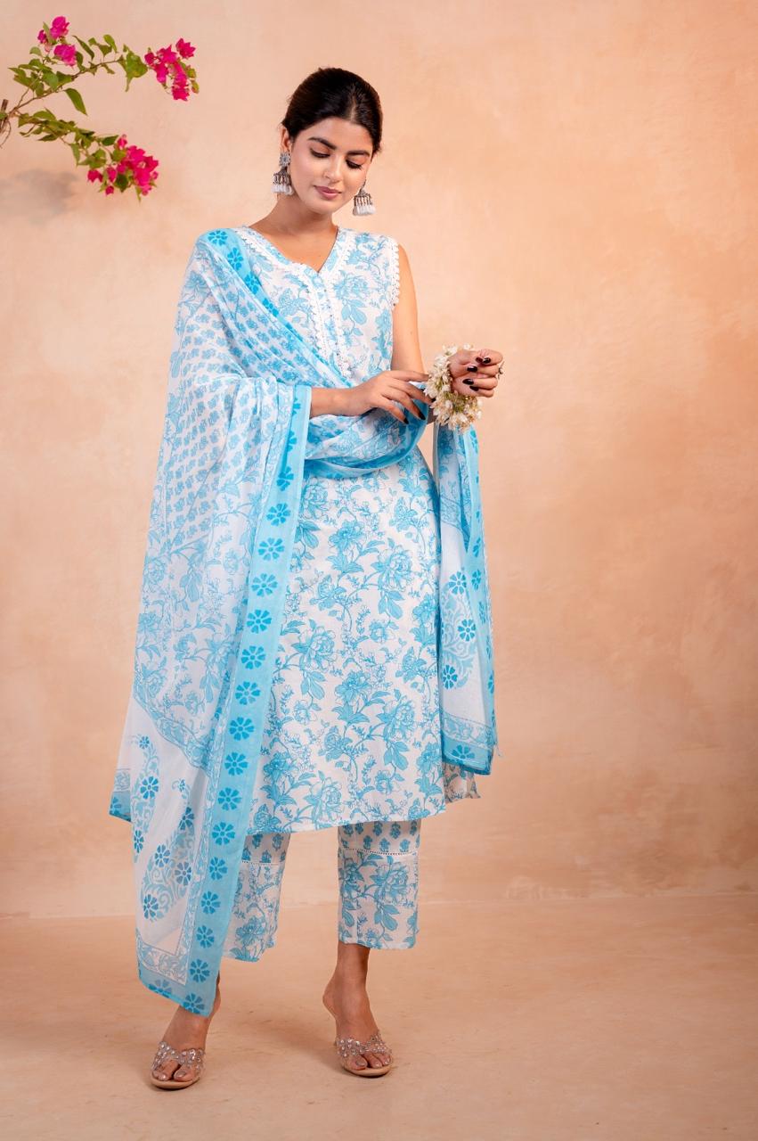Sky Blue Floral Print Cotton Suit Set