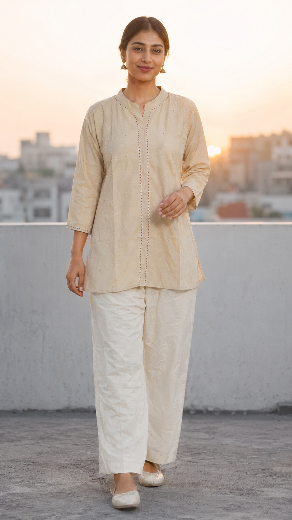 Cream Self-Embroidered Kurti Set - view 2