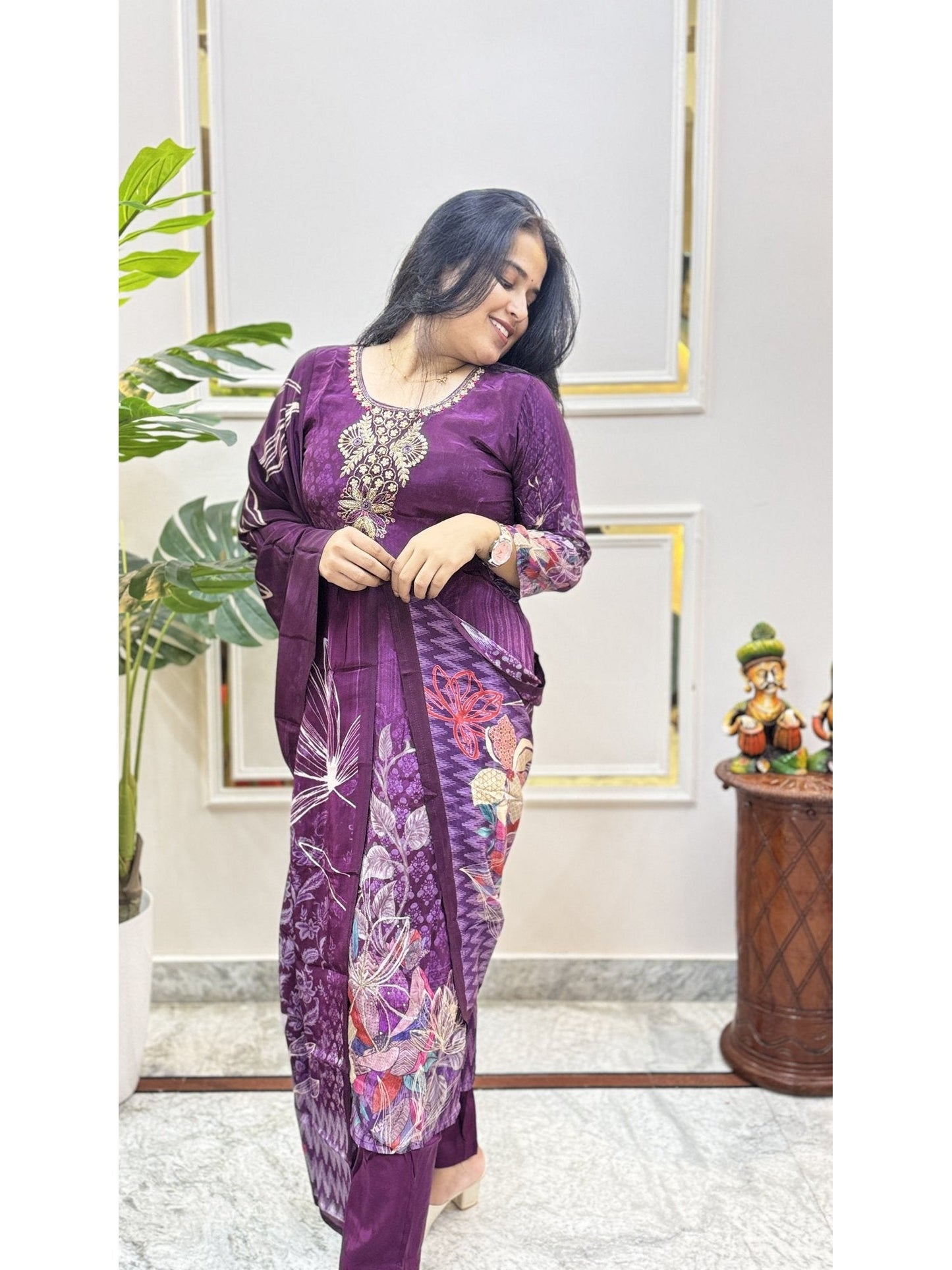 Purple Floral Print Kurta Set - Brisora, view 5 of 5