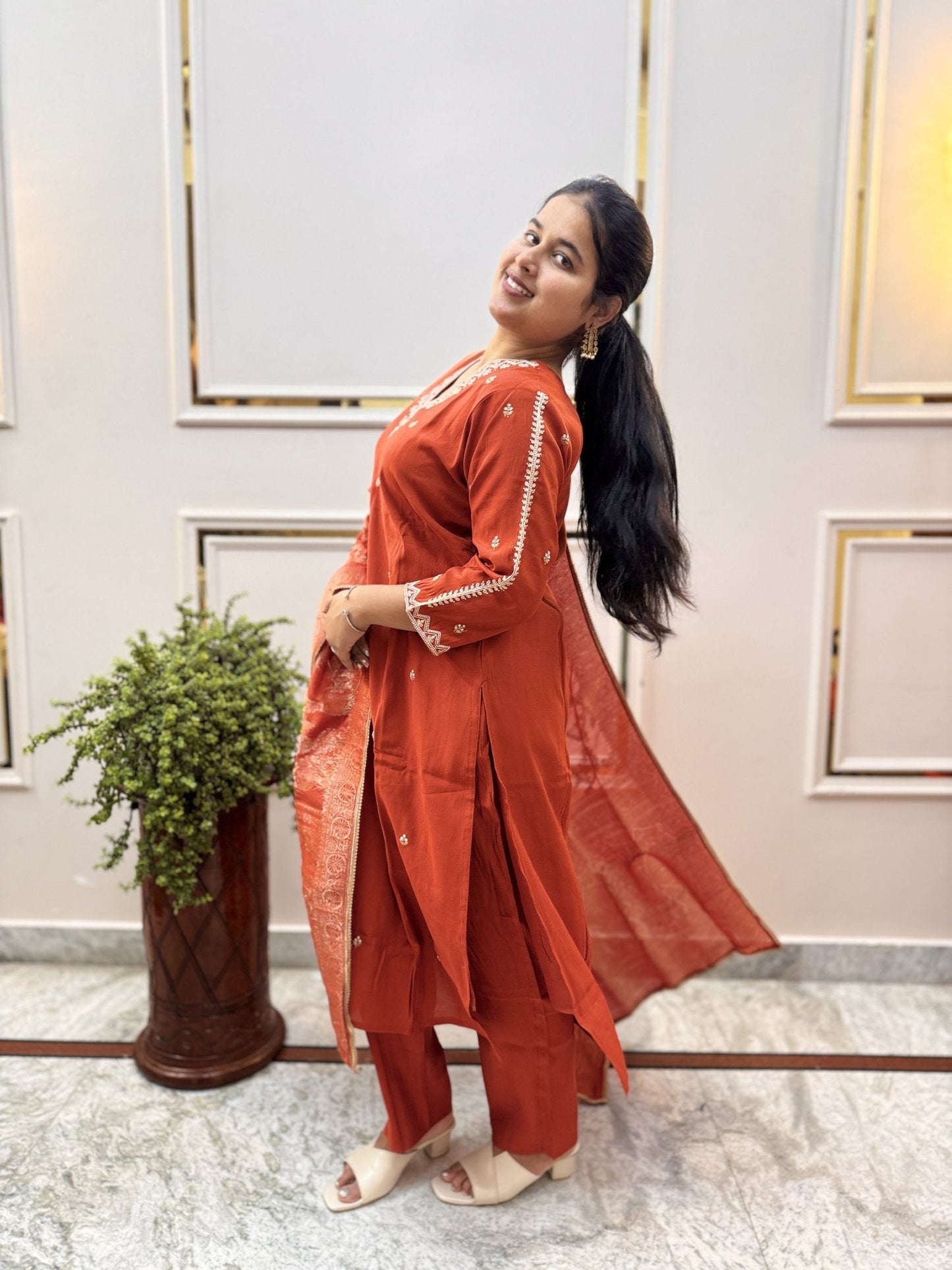 Rust Silk-Blend Kurta Set with Banarasi Dupatta - Brisora, view 10 of 10