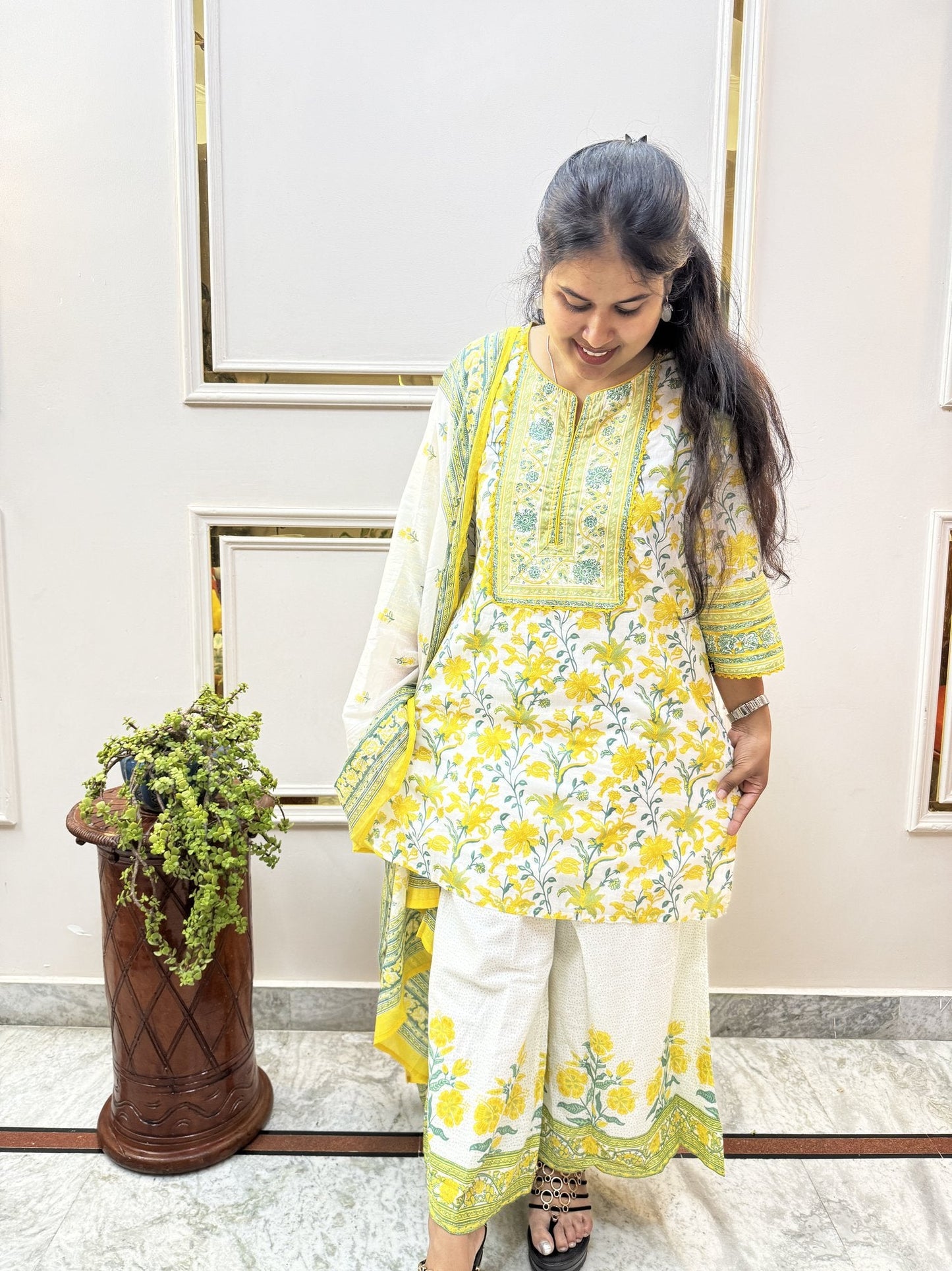 Yellow Floral Print Cotton Kurta Set with Palazzo - Brisora, view 10 of 10