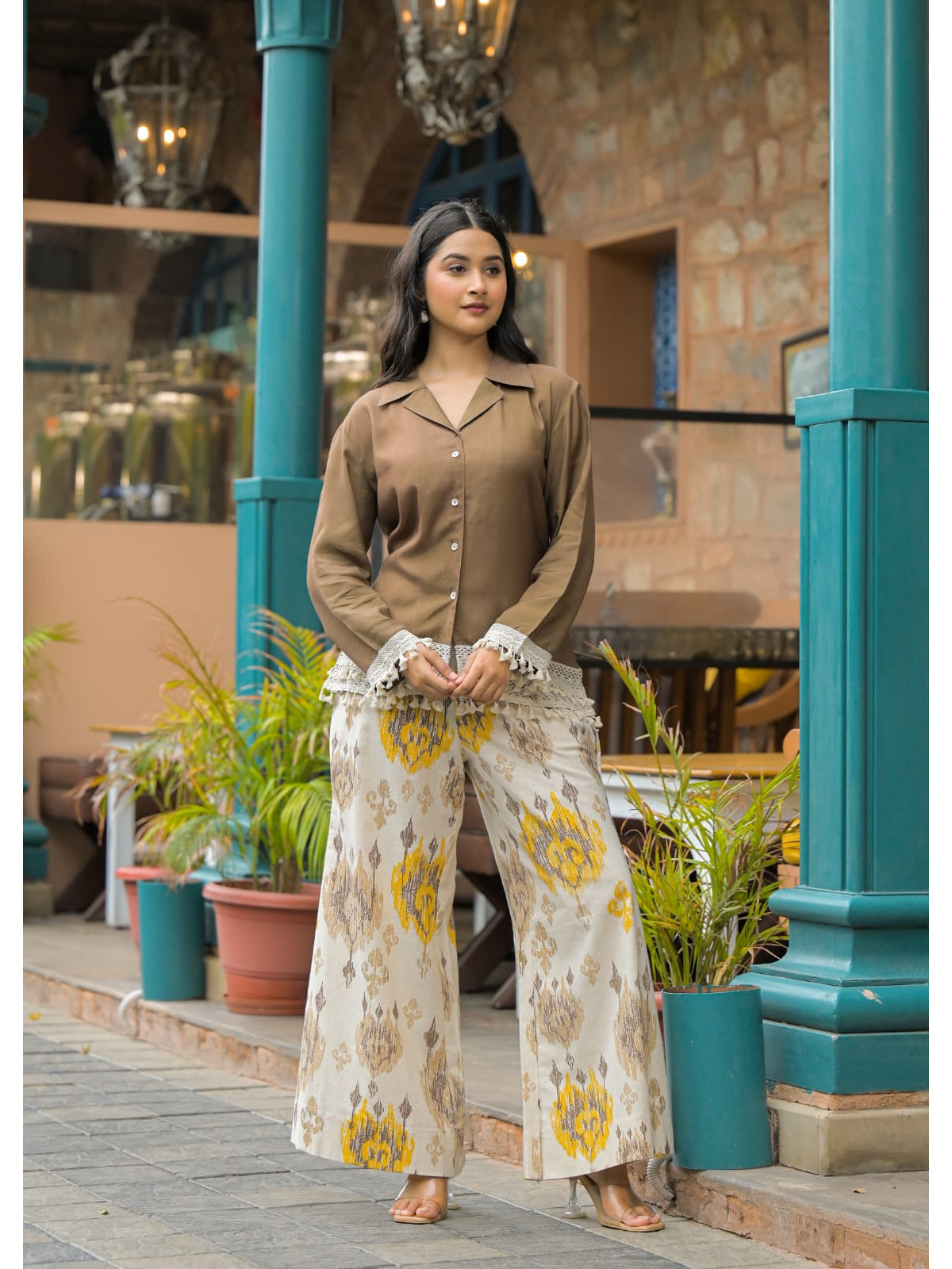 Emerald green shirt-style top with printed palazzo co-ord set