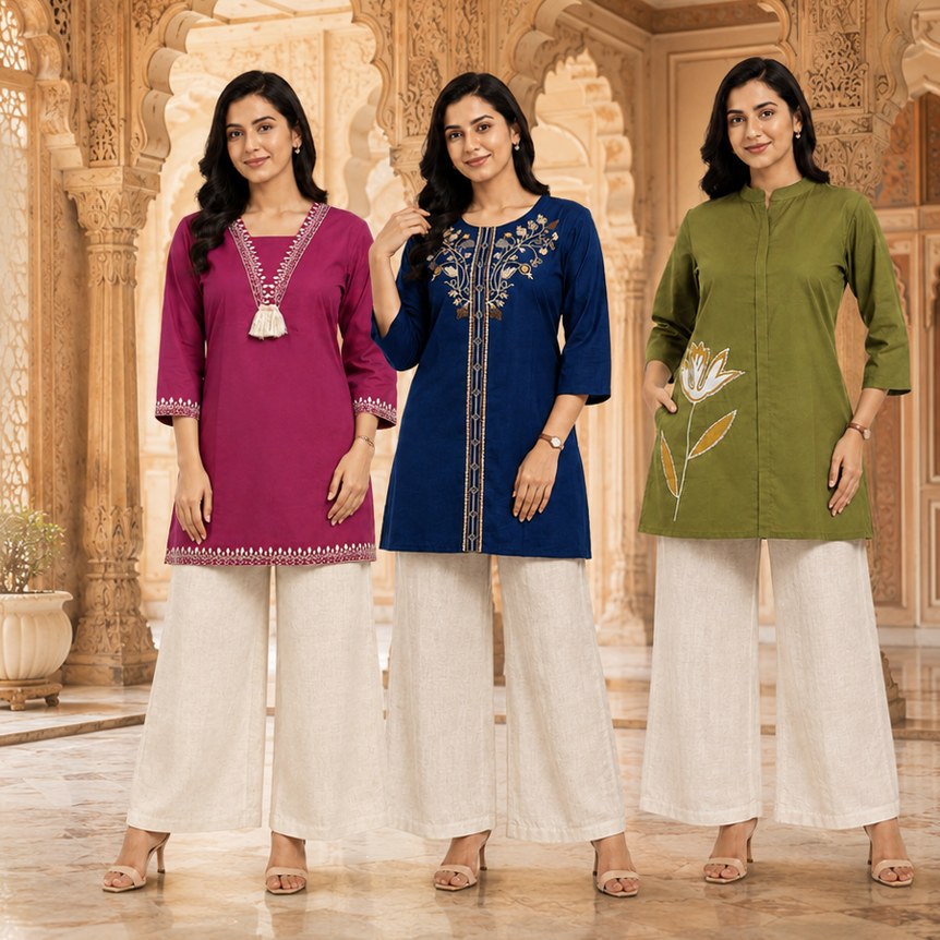 Brisora kurtis - pink, blue and green embroidered kurtis with palazzos