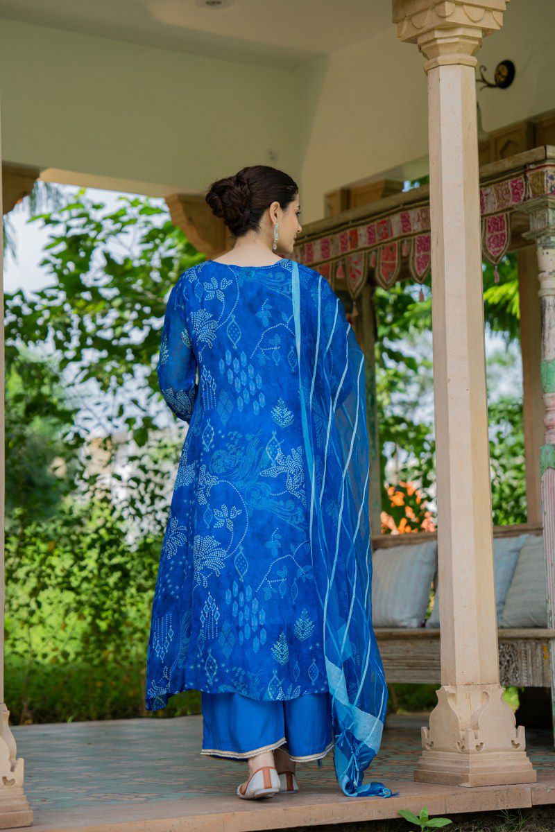 Blue Floral Suit Set in Shimmer Organza with Embroidered V-Neck & Full Sleeves