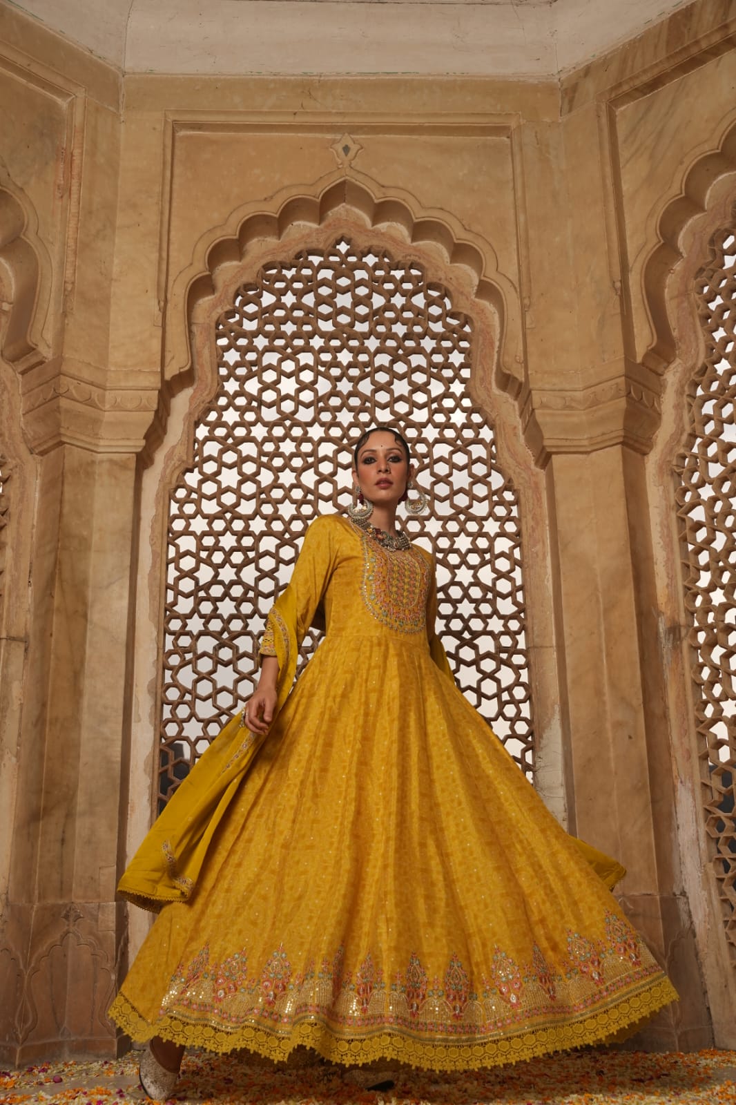 Stunning Yellow-Green Maslin Gown with Digital Print, Lace Detailing & Heavy Embroidery