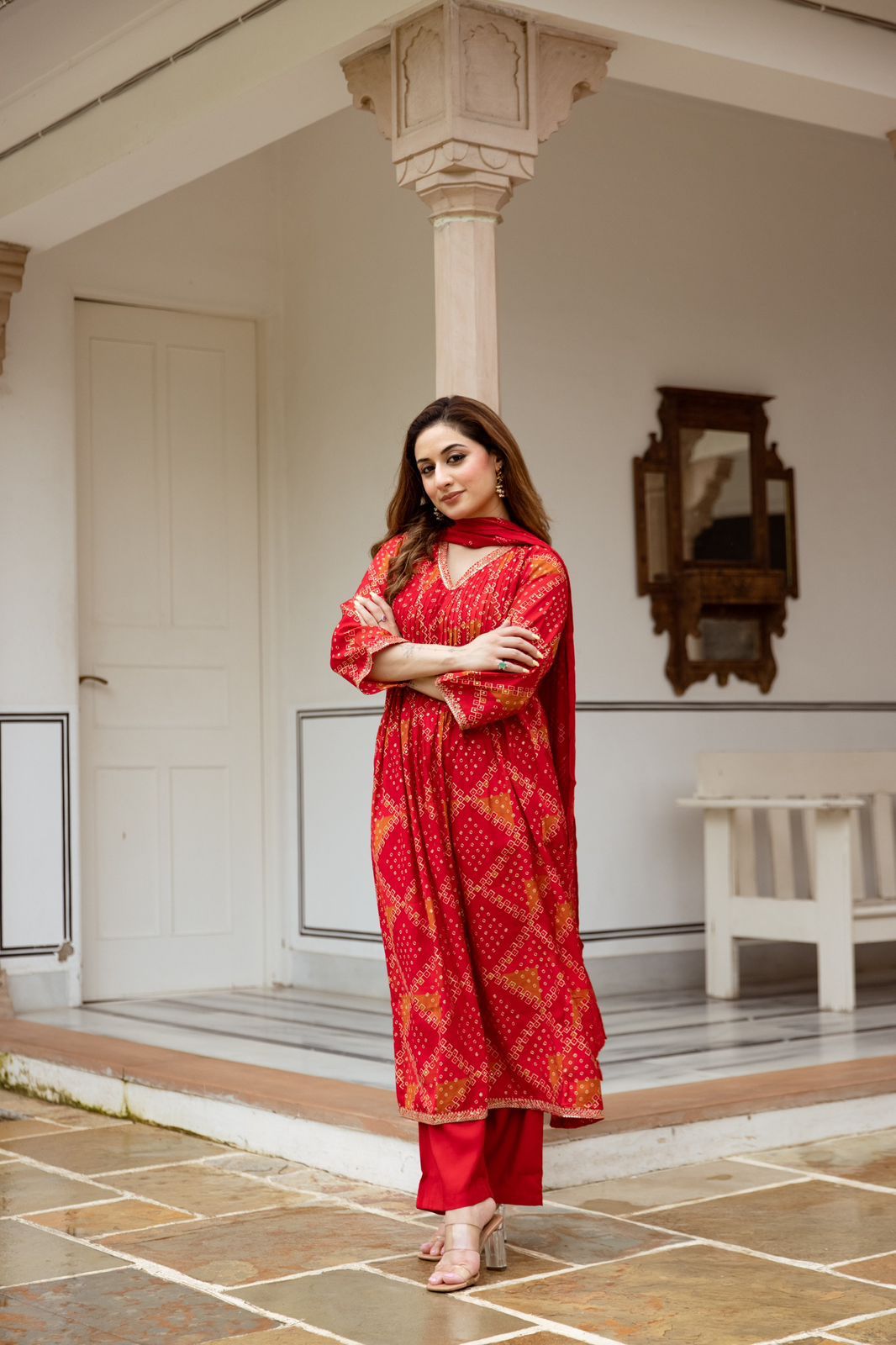 Chic Red Chunari Print Suit Set with V-Neck – Ideal for Casual and Party Wear in Modal Maslin Fabric