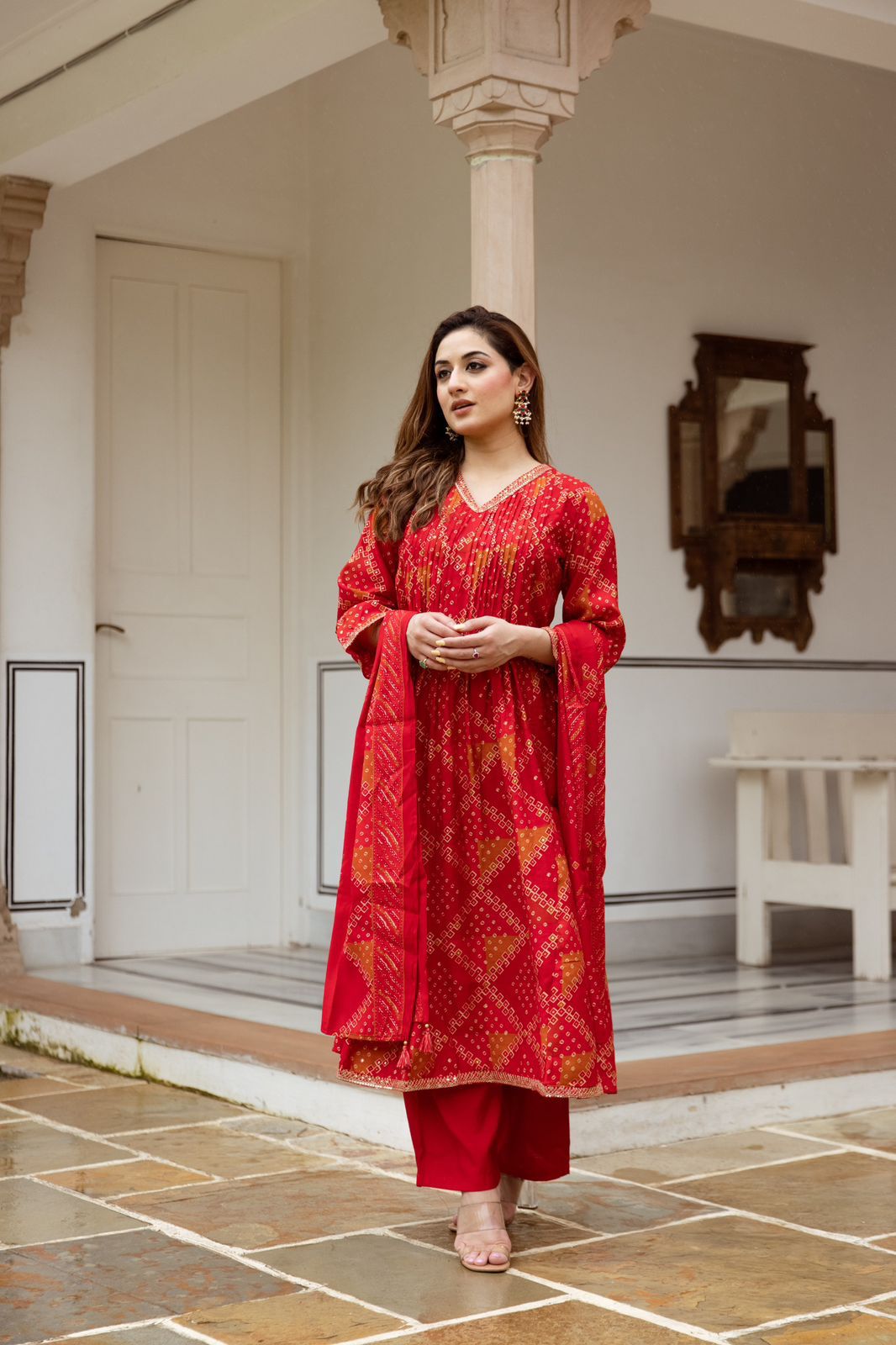 Chic Red Chunari Print Suit Set with V-Neck – Ideal for Casual and Party Wear in Modal Maslin Fabric