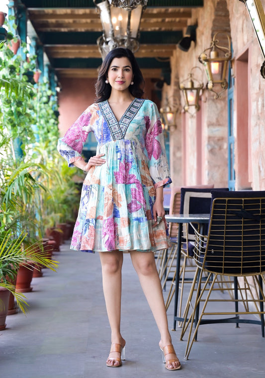 Multicolored Floral Kota Doria Embroidery With Print Tiered Flared Dress