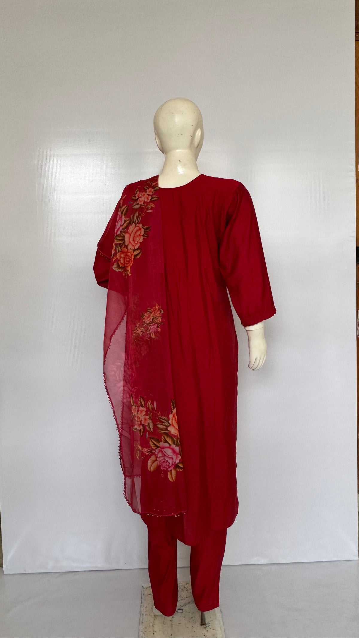 Red Fully Stitched V-Neck Embroidered Suit Set