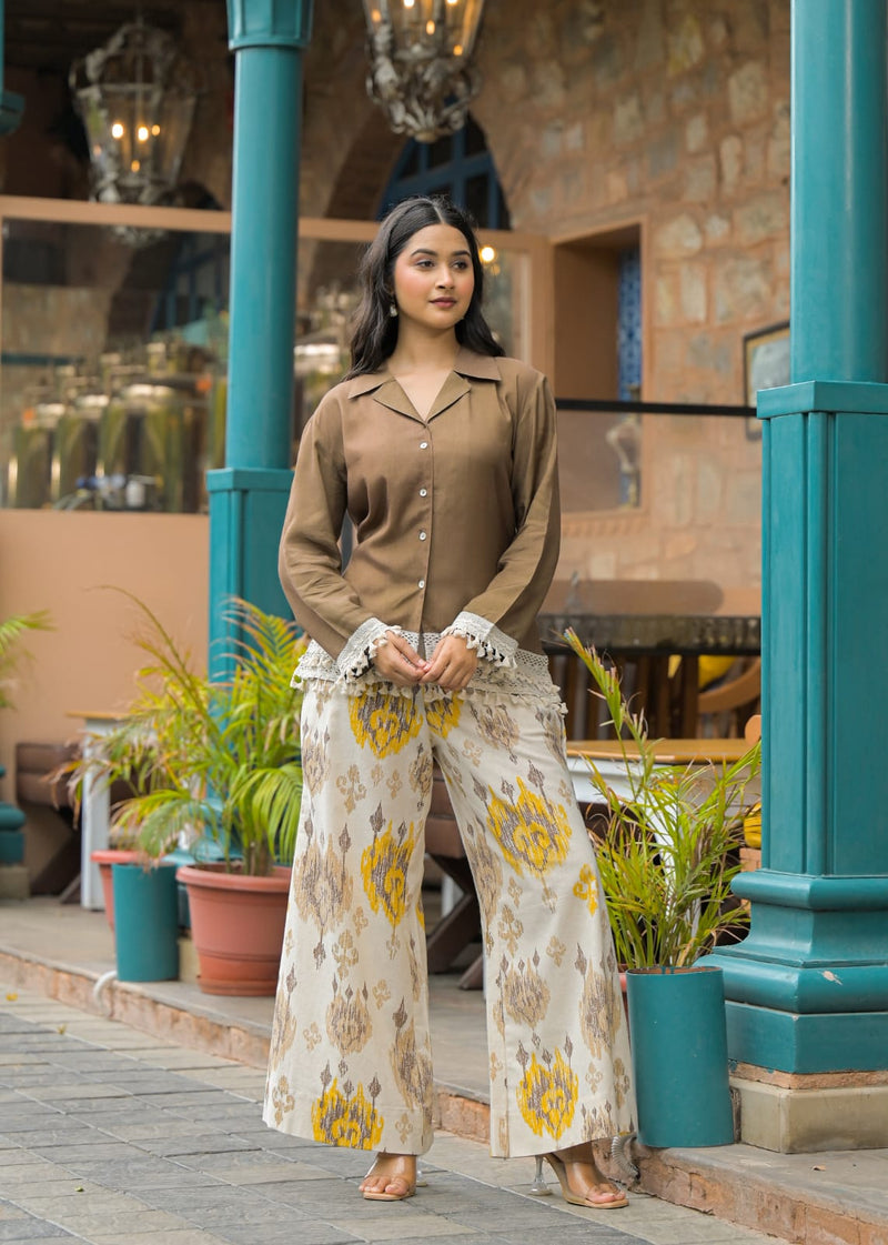 Emerald Green Crape Shirt Style Top with Printed Flex Palazzo