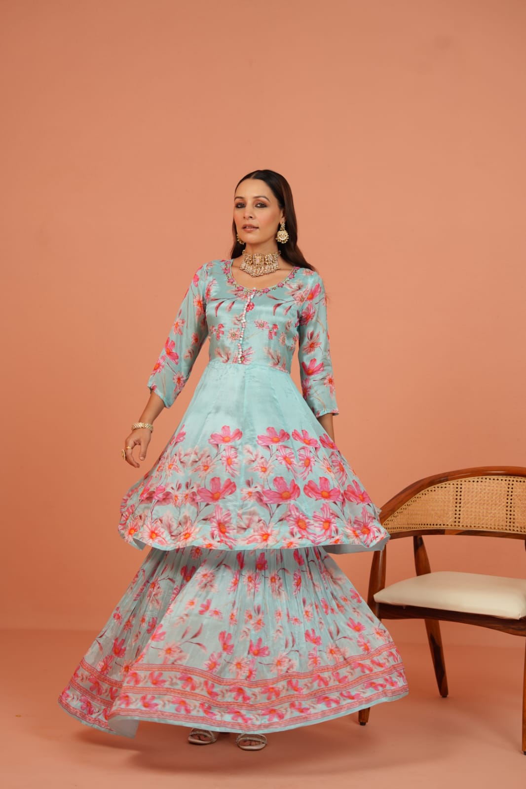 Floral Chinon Anarkali Kurti with Full-Length Skirt – Party Wear Set