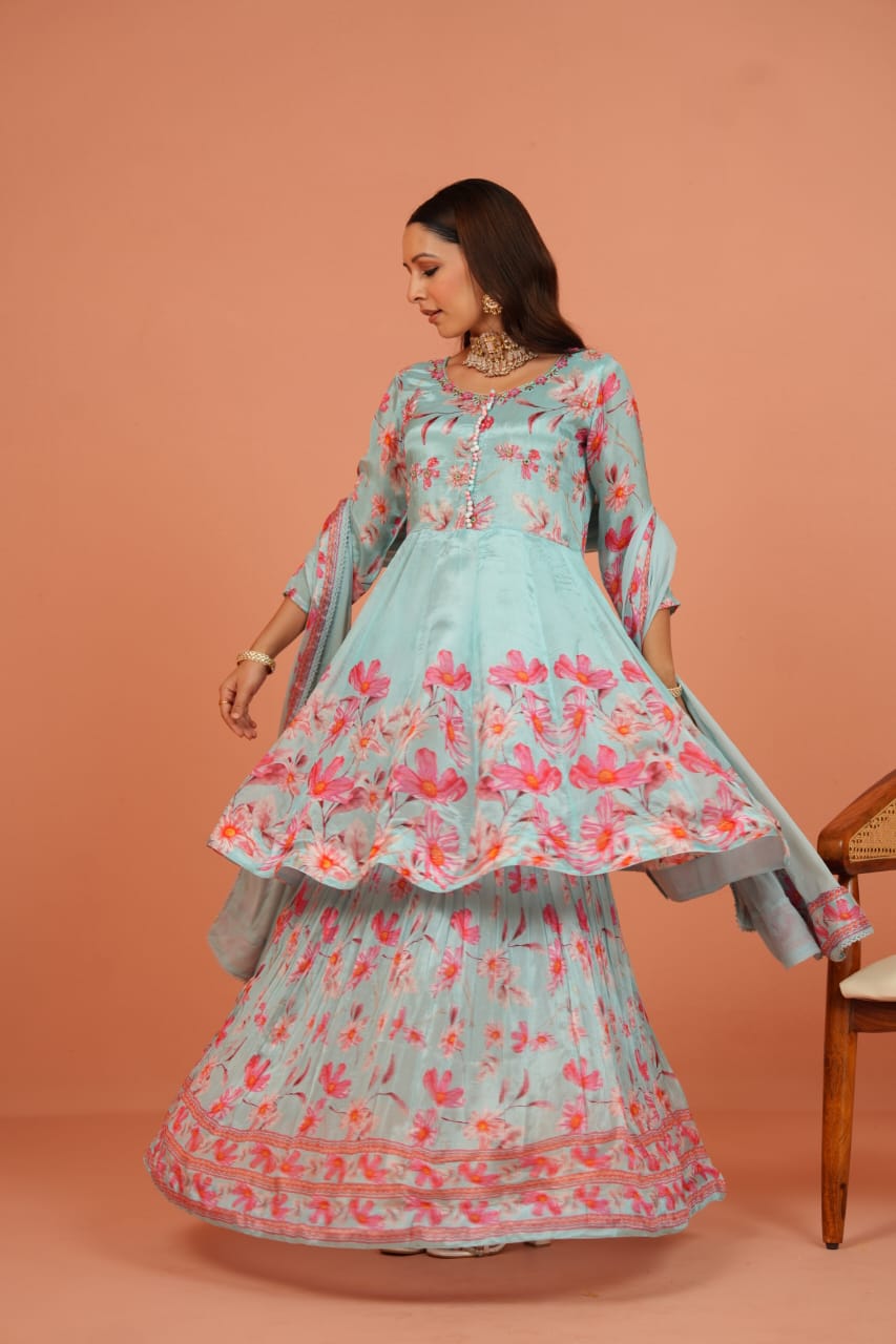 Floral Chinon Anarkali Kurti with Full-Length Skirt – Party Wear Set