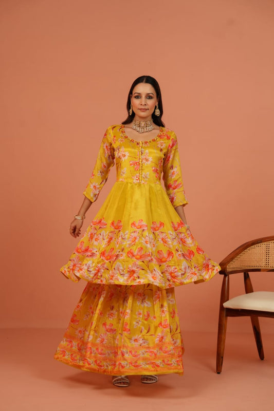 Floral Chinon Anarkali Kurti with Full-Length Skirt – Party Wear Set
