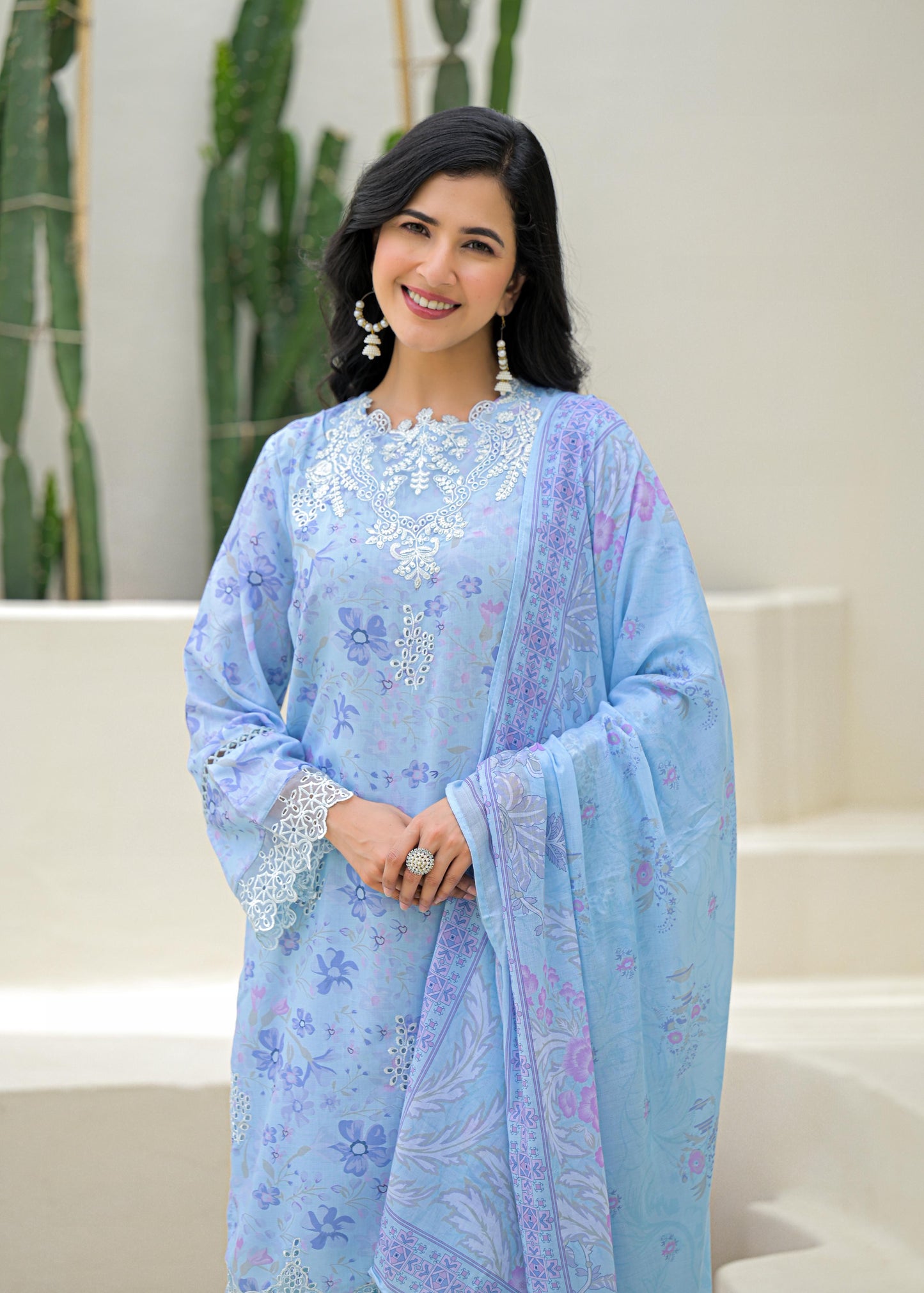 Sky Blue Premium Cotton Suit with Elegant Lace Work