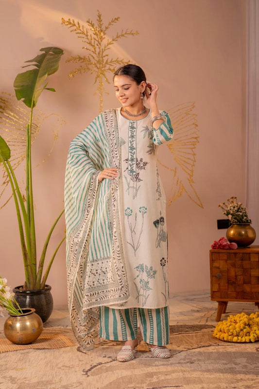 Teal Striped Floral Print Cotton Kurta Set with Palazzo