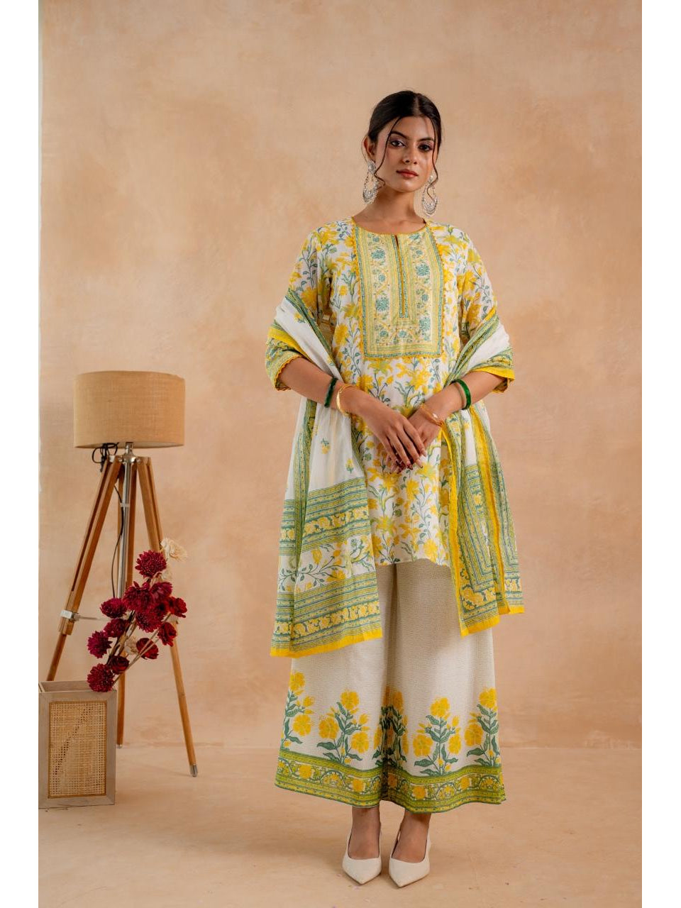 Yellow Floral Print Cotton Suit Set with Palazzo - Brisora, view 1 of 1