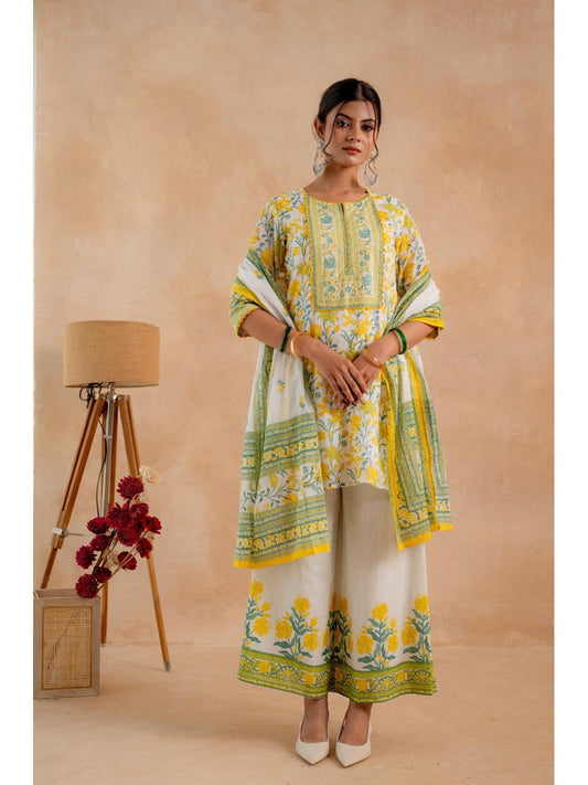 Yellow Floral Print Cotton Suit Set with Palazzo - Brisora, view 1 of 1
