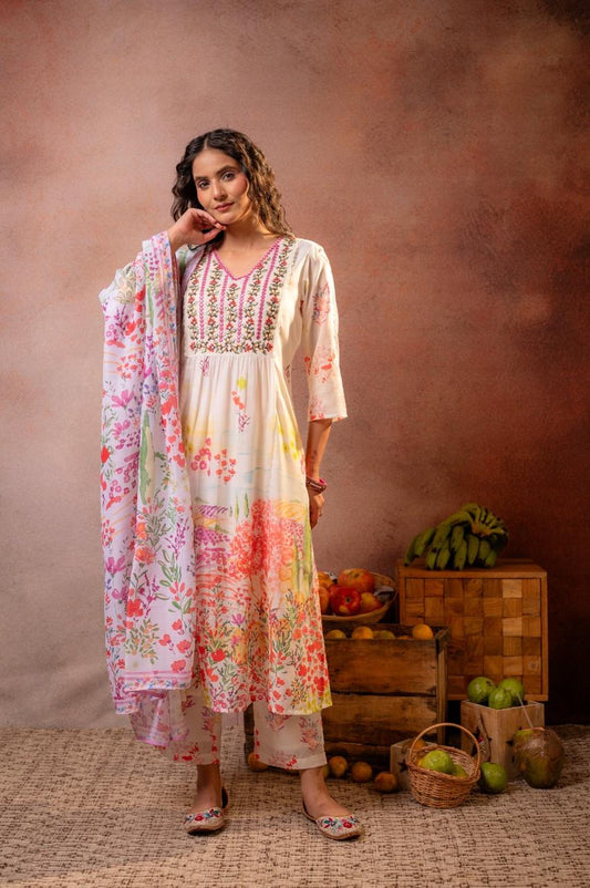 Pink Floral Print Cotton Suit Set with Dupatta
