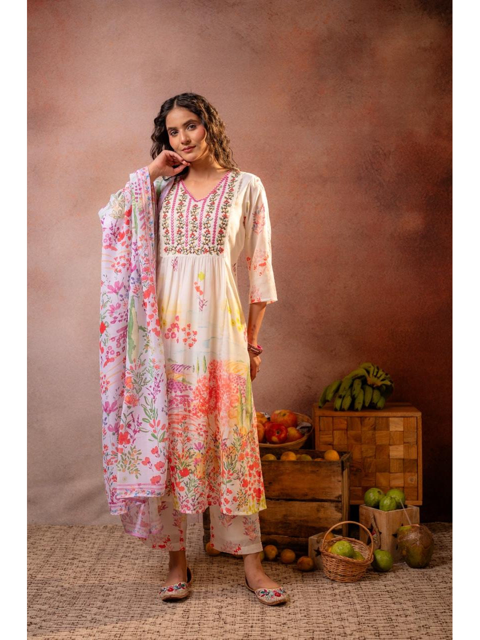 Pink Floral Print Cotton Suit Set with Dupatta - Brisora, view 1 of 1