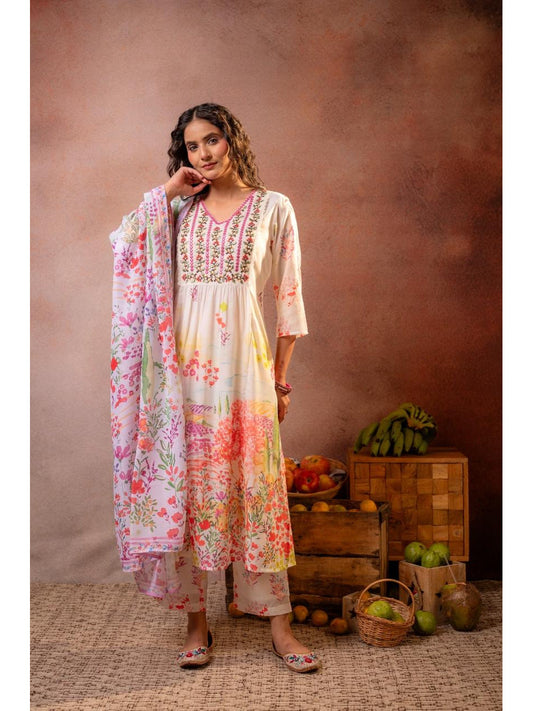 Pink Floral Print Cotton Suit Set with Dupatta - Brisora, view 1 of 1