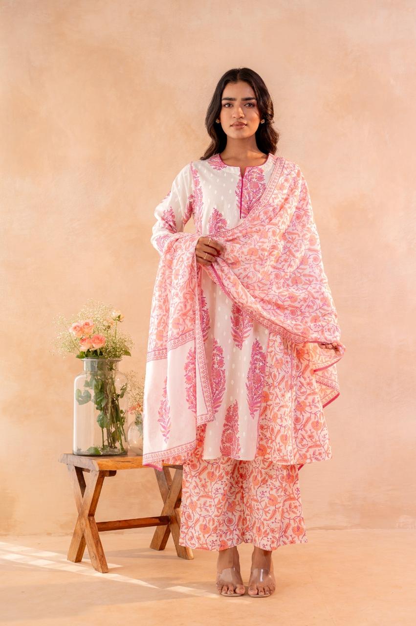 Ivory Embroidered Floral Print Cotton Kurta Set