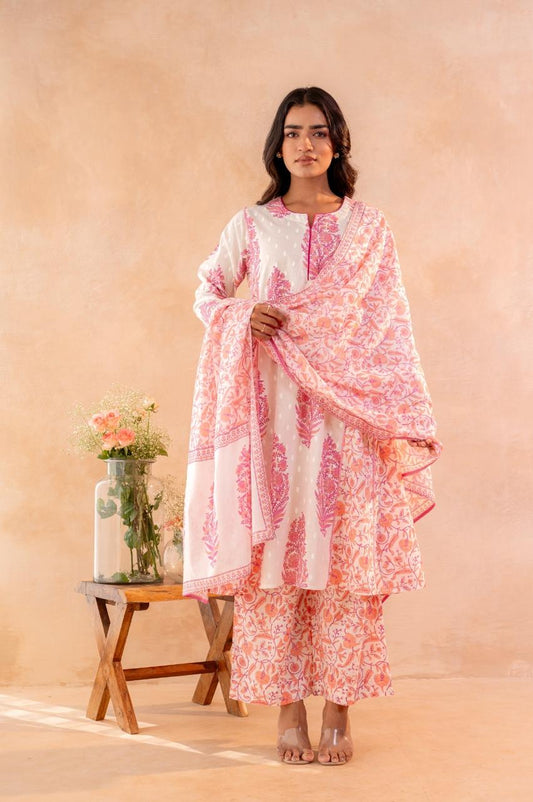 Ivory Embroidered Floral Print Cotton Kurta Set