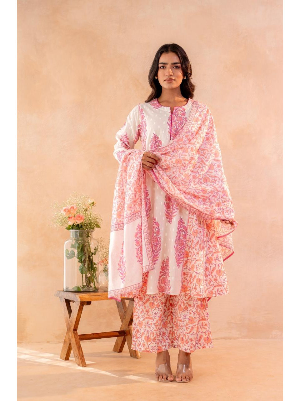Ivory Embroidered Floral Print Cotton Kurta Set - Brisora, view 1 of 1