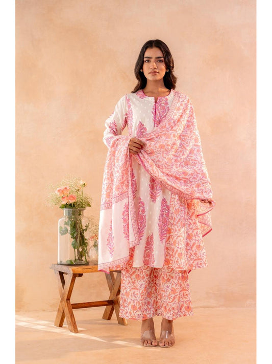 Ivory Embroidered Floral Print Cotton Kurta Set - Brisora, view 1 of 1