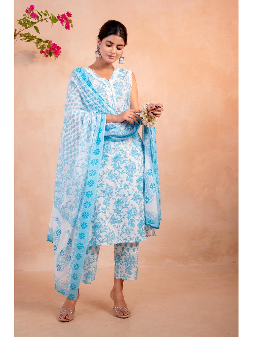 Sky Blue Floral Print Cotton Suit Set - Brisora, view 1 of 1