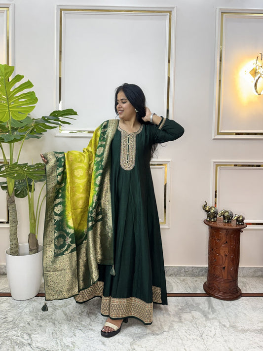 Bottle Green Anarkali Kurta Set with Banarasi Dupatta - Brisora, view 1 of 10