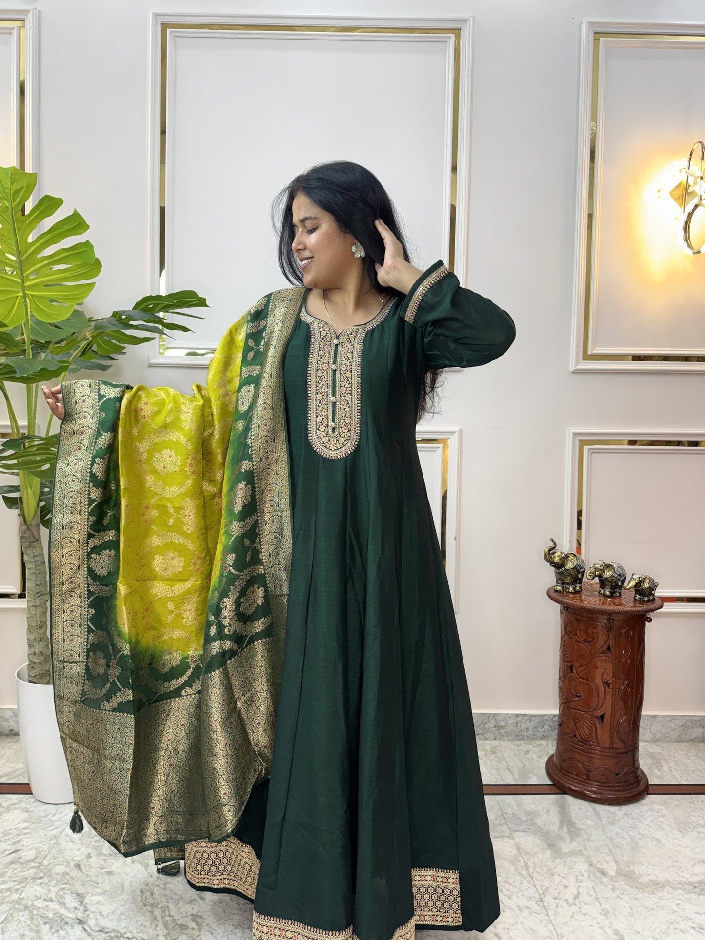 Bottle Green Anarkali Kurta Set with Banarasi Dupatta - Brisora, view 3 of 10