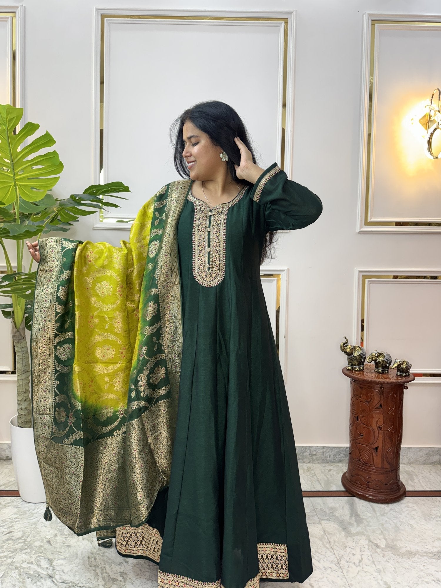 Bottle Green Anarkali Kurta Set with Banarasi Dupatta - Brisora, view 3 of 10