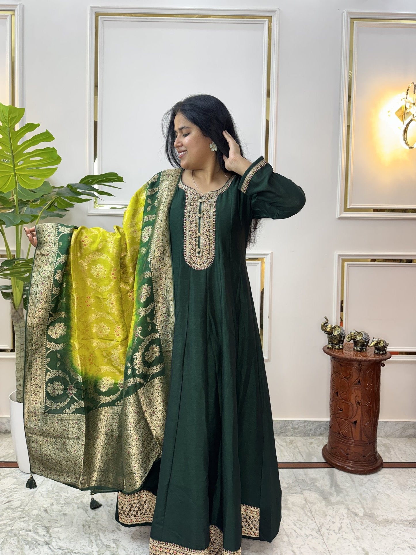 Bottle Green Anarkali Kurta Set with Banarasi Dupatta - Brisora, view 4 of 10