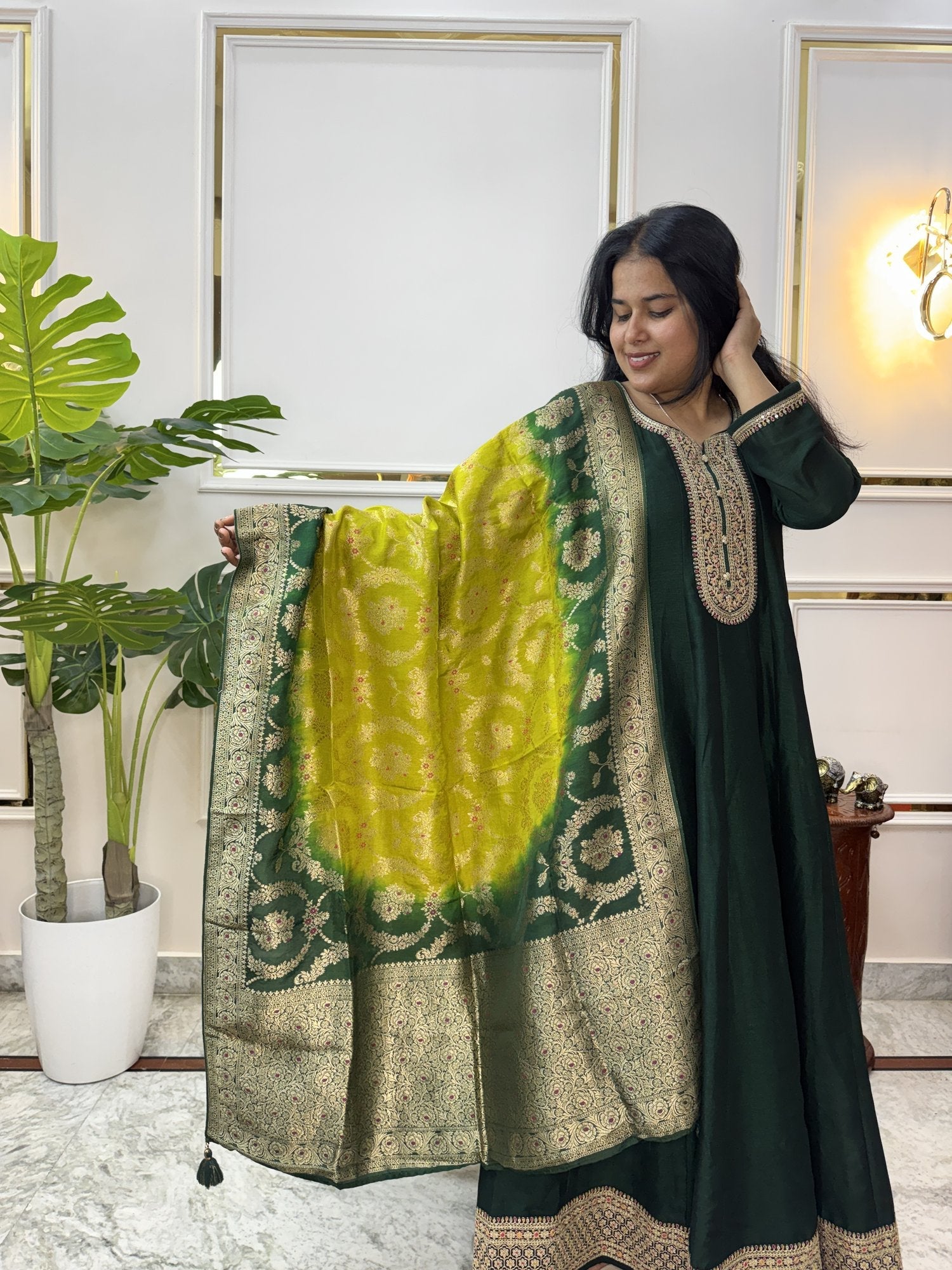Bottle Green Anarkali Kurta Set with Banarasi Dupatta - Brisora, view 5 of 10