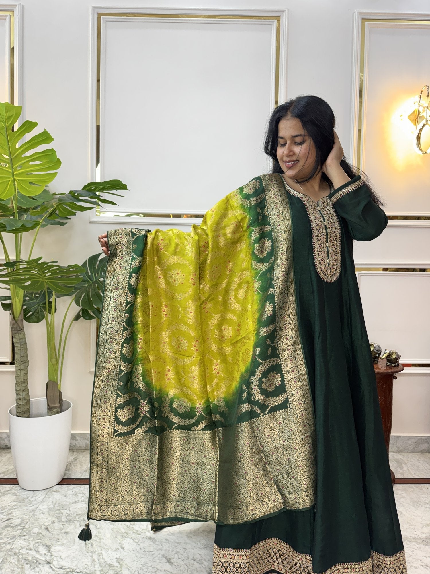 Bottle Green Anarkali Kurta Set with Banarasi Dupatta - Brisora, view 6 of 10