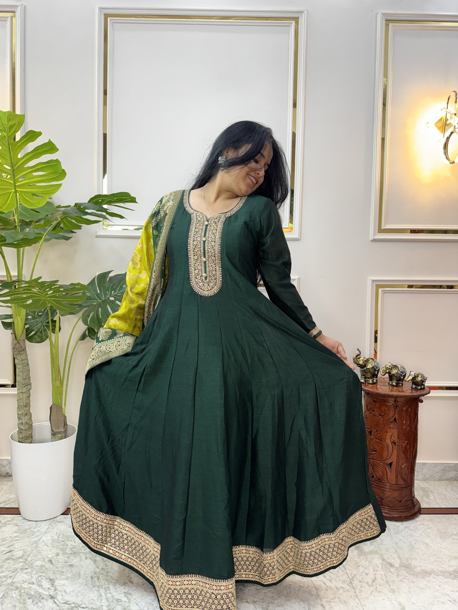 Bottle Green Anarkali Kurta Set with Banarasi Dupatta - Brisora, view 7 of 10