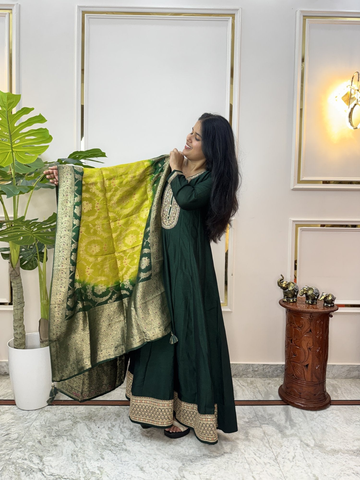 Bottle Green Anarkali Kurta Set with Banarasi Dupatta - Brisora, view 8 of 10