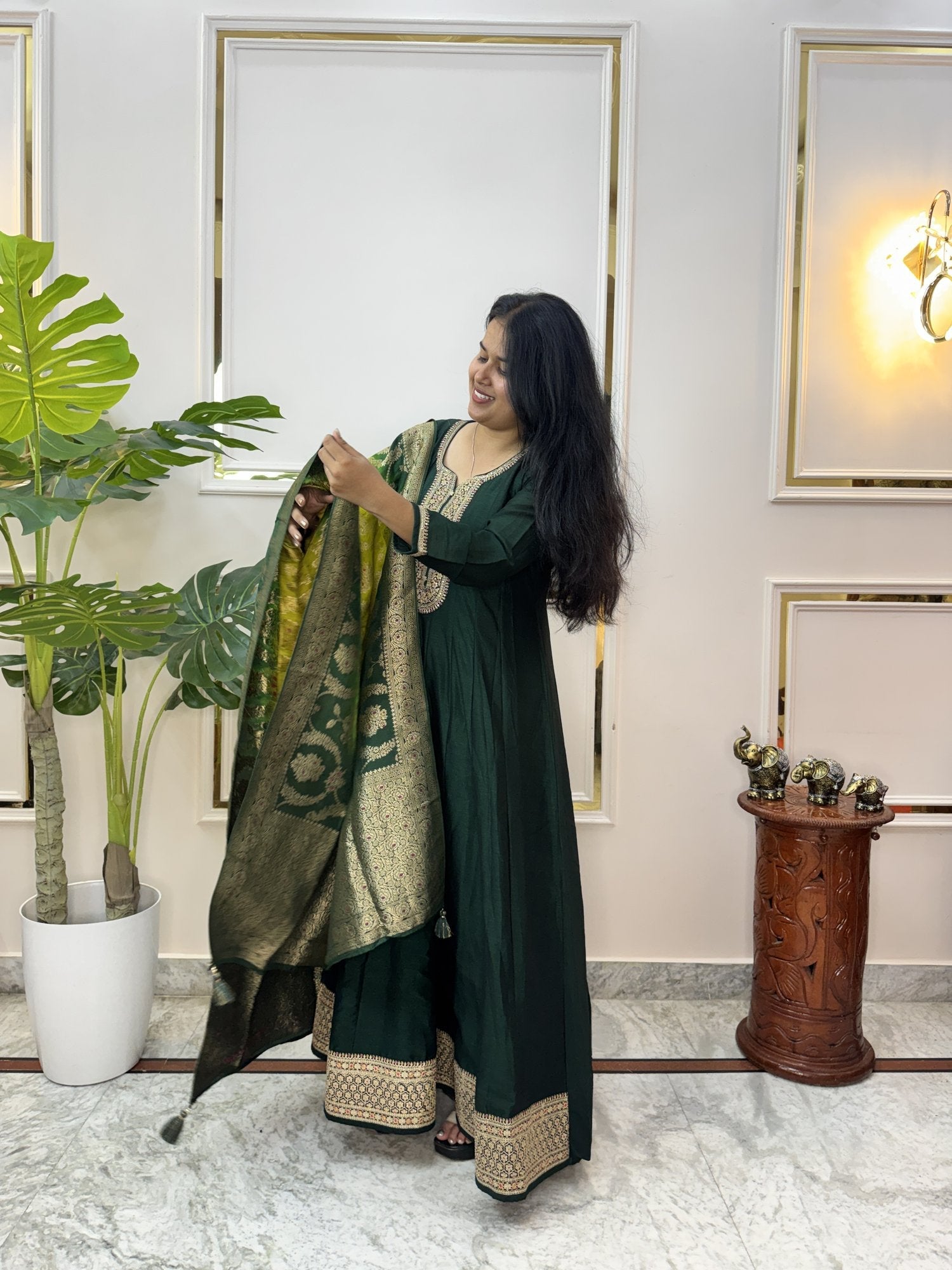 Bottle Green Anarkali Kurta Set with Banarasi Dupatta - Brisora, view 9 of 10