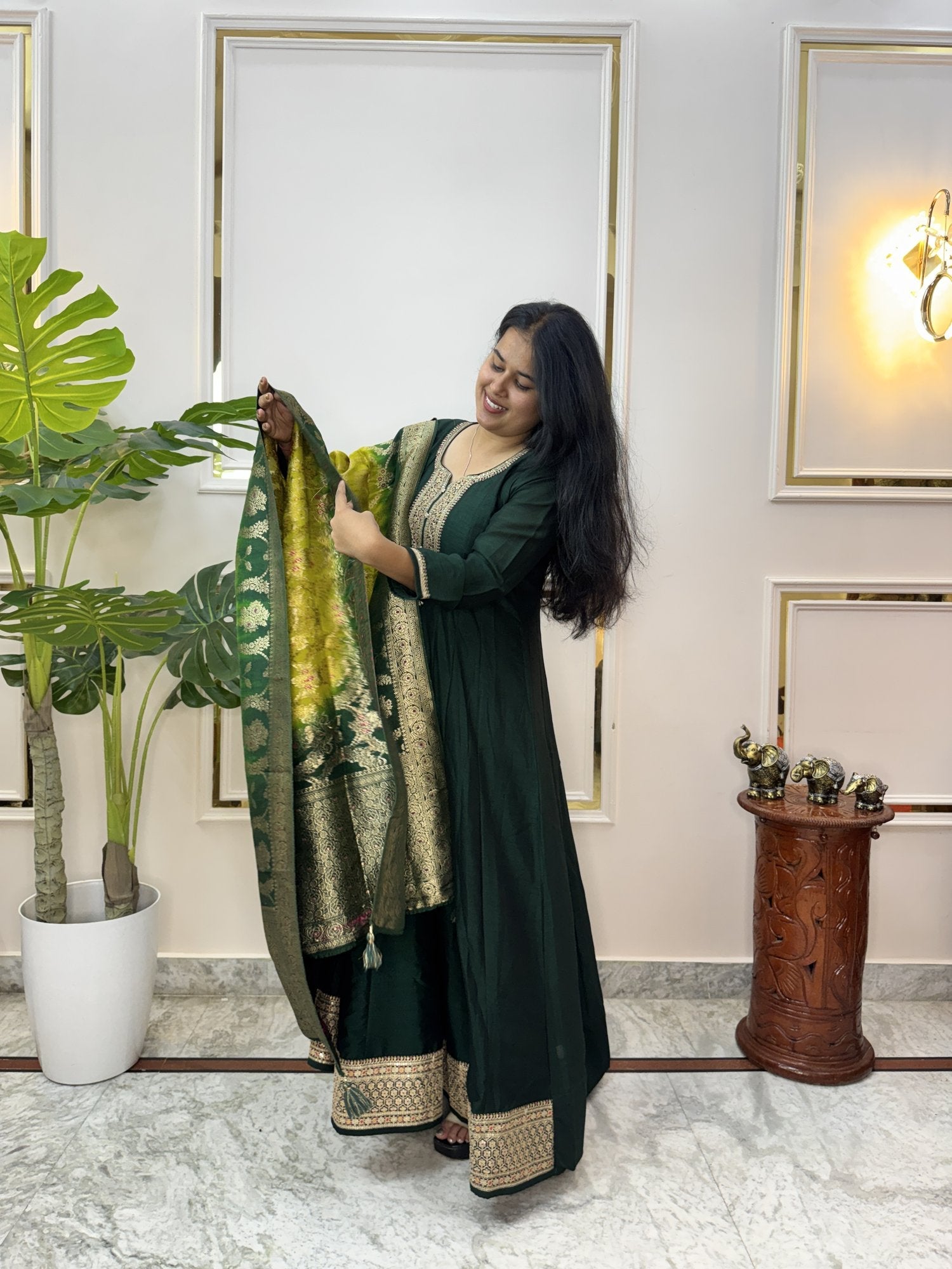 Bottle Green Anarkali Kurta Set with Banarasi Dupatta - Brisora, view 10 of 10
