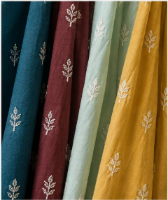 Embroidered fabric draped in teal, maroon, mint and mustard