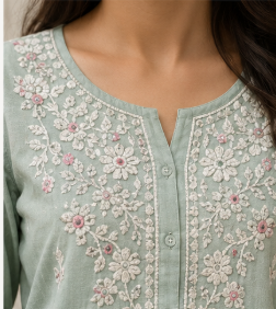 Hand-embroidered floral yoke on a sage green kurti