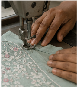 An artisan guiding embroidered fabric through a sewing machine