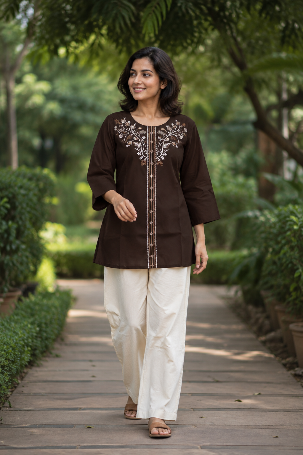 Coffee Brown Floral Embroidered Kurti Set - view 1