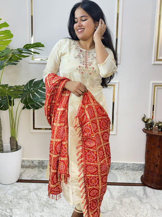 Cream Chanderi Kurta Set with Bandhani Dupatta - Brisora, view 1 of 10