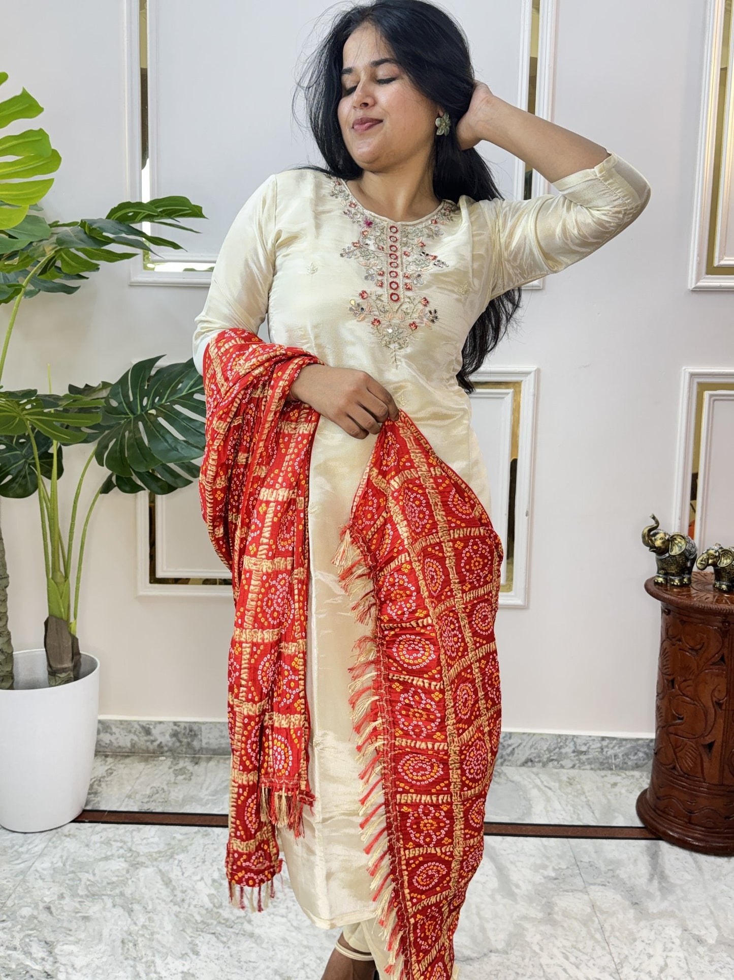 Cream Chanderi Kurta Set with Bandhani Dupatta - Brisora, view 4 of 10