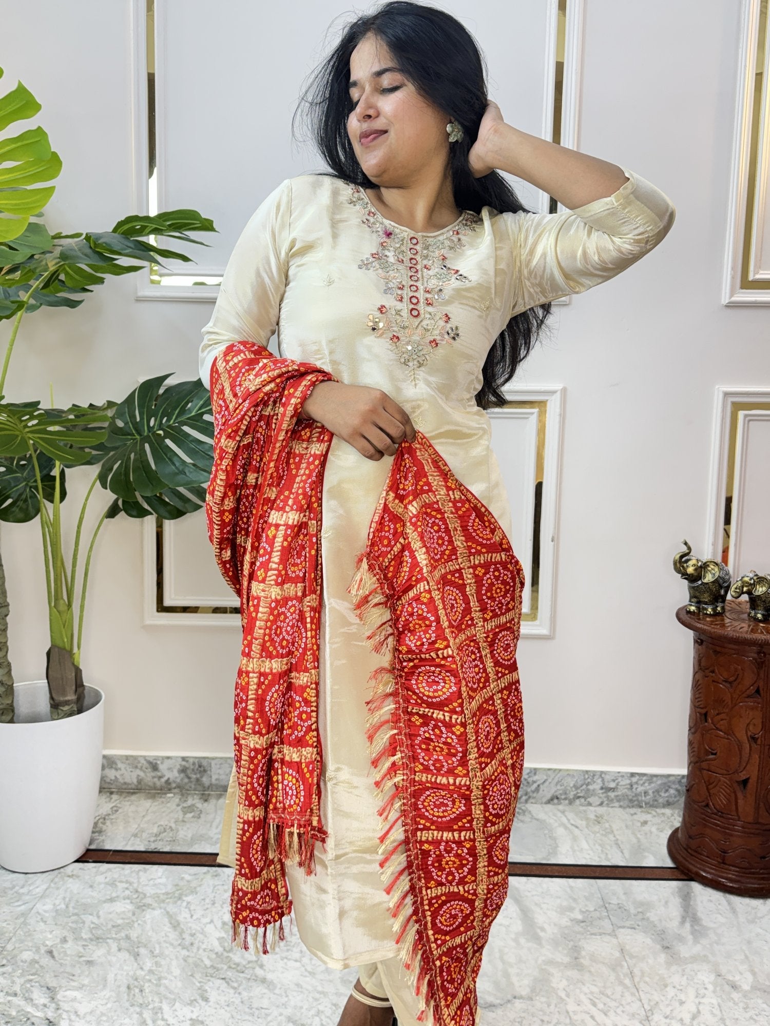 Cream Chanderi Kurta Set with Bandhani Dupatta - Brisora, view 5 of 10