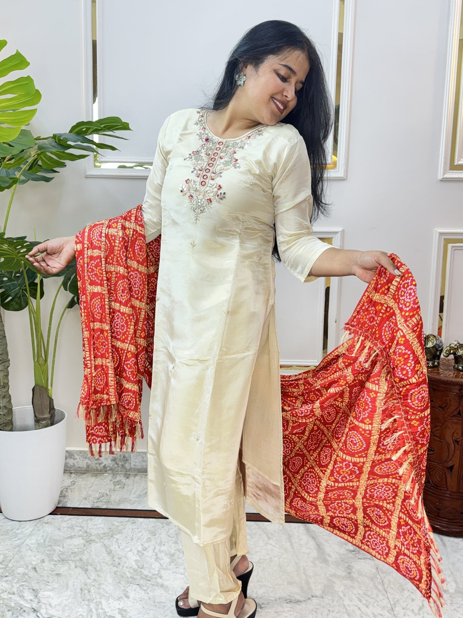 Cream Chanderi Kurta Set with Bandhani Dupatta - Brisora, view 8 of 10