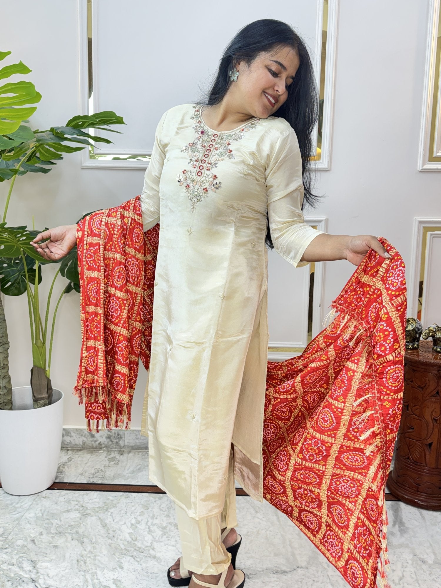 Cream Chanderi Kurta Set with Bandhani Dupatta - Brisora, view 9 of 10